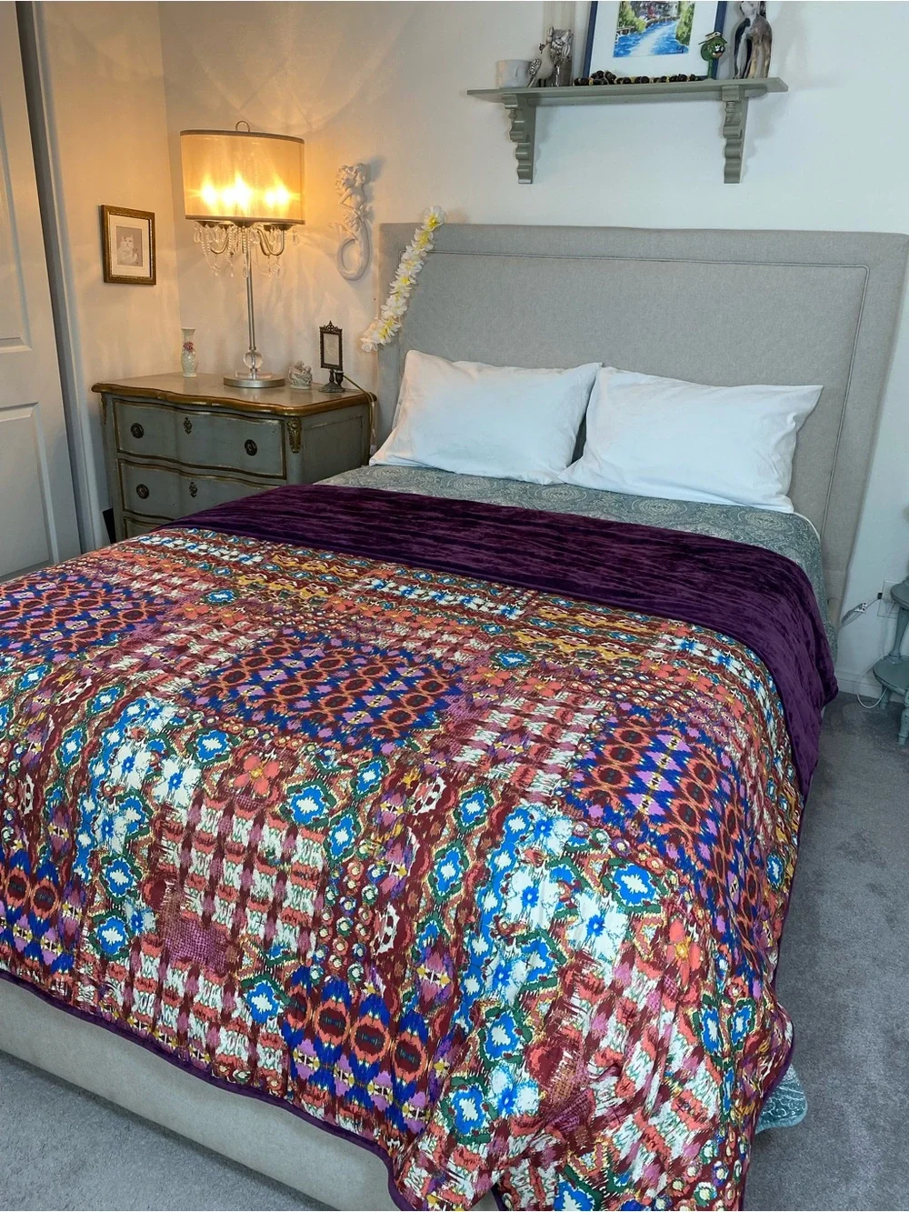 Velvet bedspread Reversible purple/ multi colored BOHO